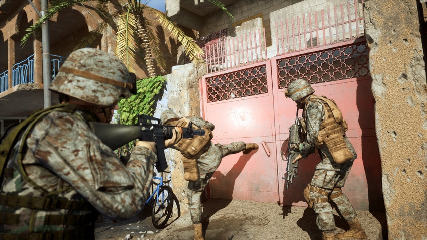 Screenshot of Highwire Games' Six Days in Fallujah, showing US Marines kicking down a door.