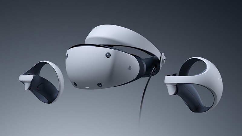 The PlayStation VR2 headset on a grey background