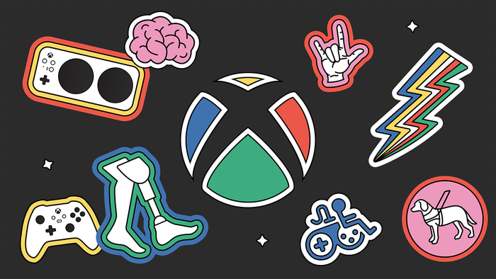 The Xbox logo surrounded by stylised stickers championing accessibility The Xbox logo surrounded by stylised stickers championing accessibility