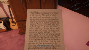 A screenshot from The Quiet Things showing a player holding a handwritten diary entry A screenshot from The Quiet Things showing a player holding a handwritten diary entry