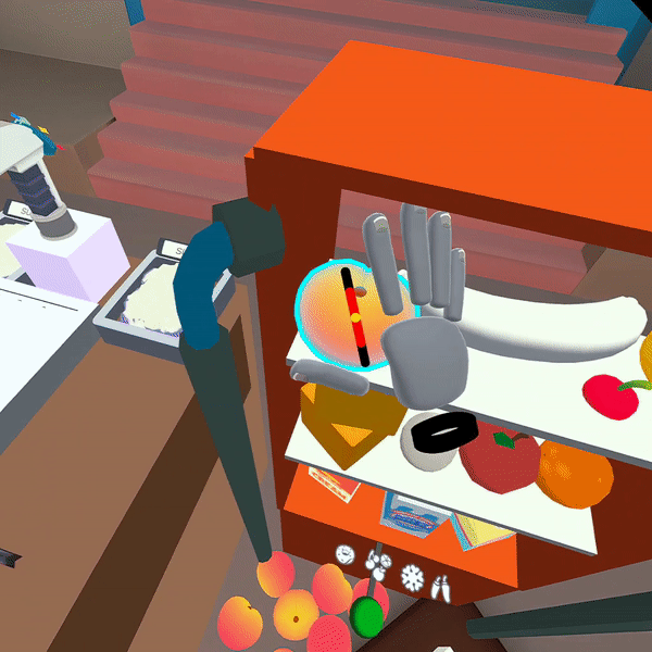 A digital hand picks up an object in VR, there are sliders showing the detail of pressure on the object.