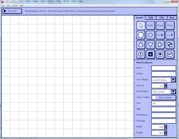 The Machinations Tool screen view