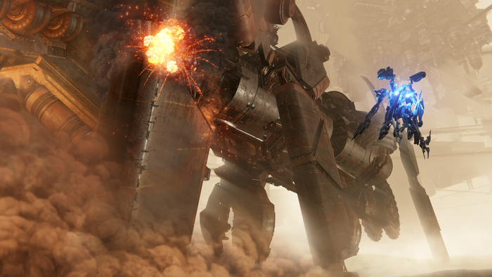 A giant mech fights a much bigger, fortress-sized mech.