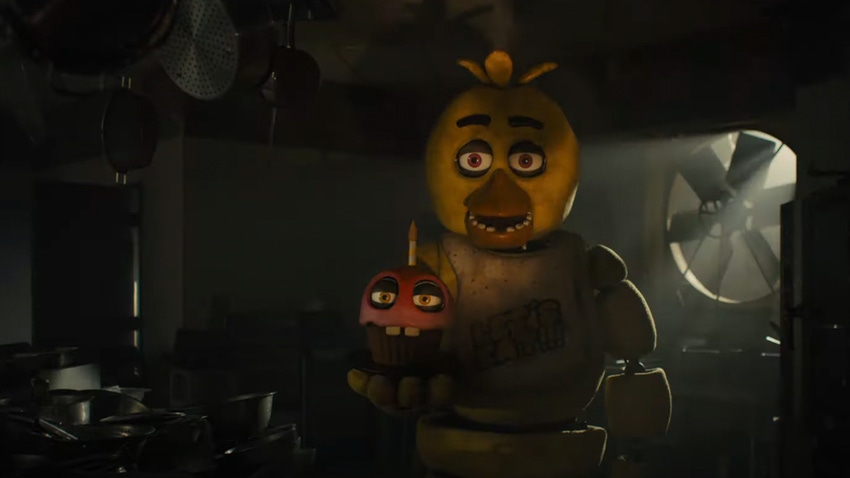 A still from Blumhouse's Five Nights at Freddy's movie adaptation featuring two creepy animatronics