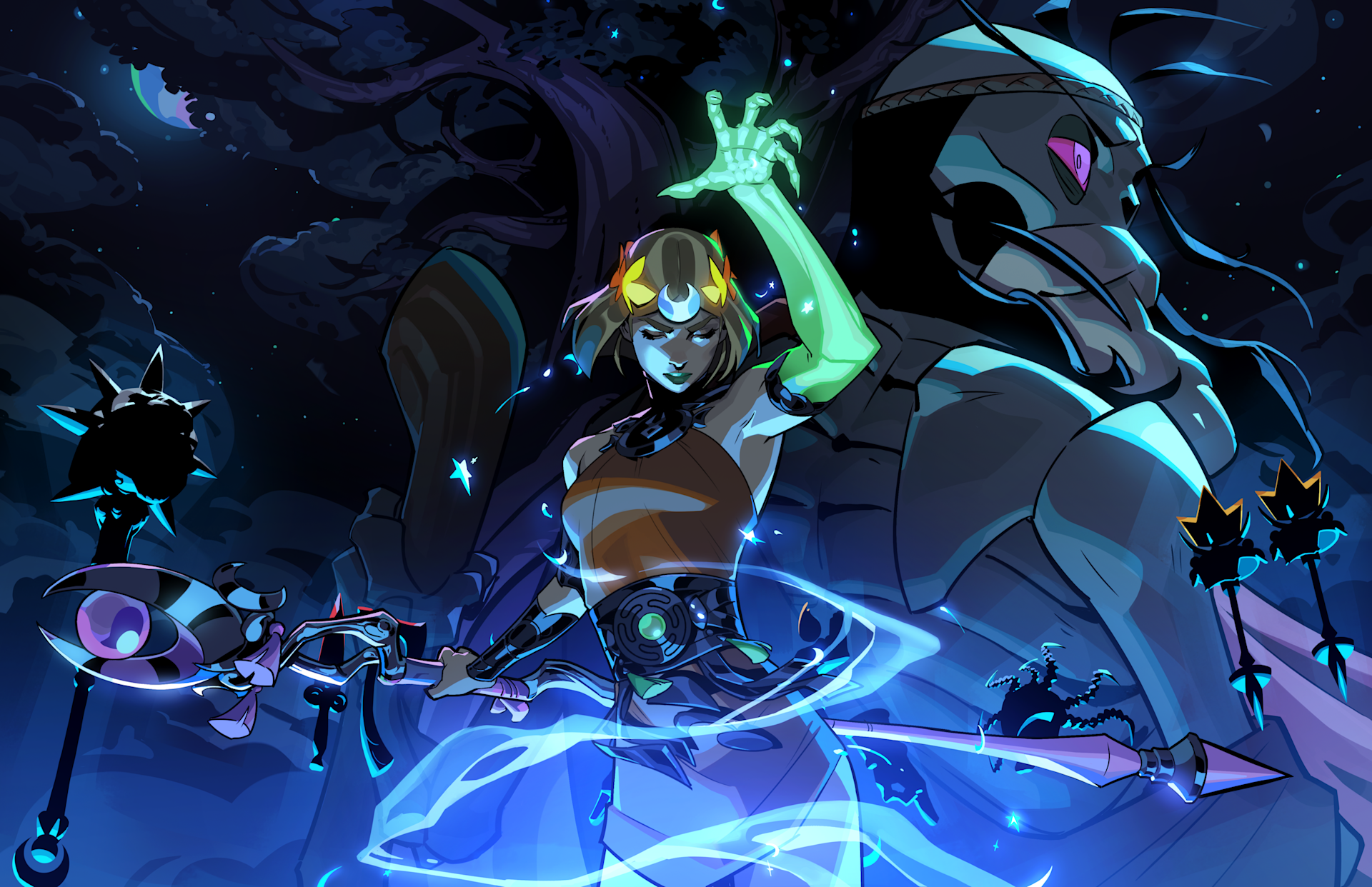 Hades II protagonist Melinoë casts a spell as Skelemanus looms in the background.