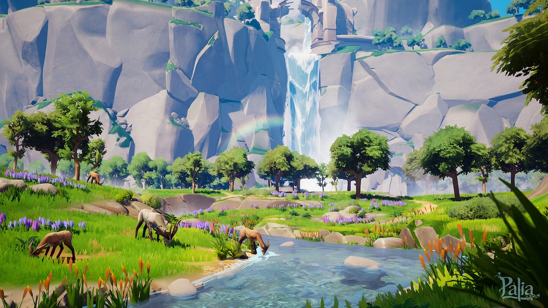a serene landscape from Palia, featuring a river and waterfall a serene landscape from Palia, featuring a river and waterfall