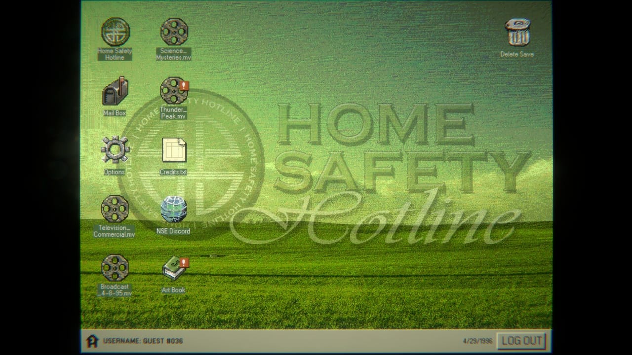A screenshot from Home Safety Hotline shows a vintage desktop with assorted icons and the Home Safety Hotline logo superimposed over a landscape dimly tinted green. A screenshot from Home Safety Hotline shows a vintage desktop with assorted icons and the Home Safety Hotline logo superimposed over a landscape dimly tinted green.