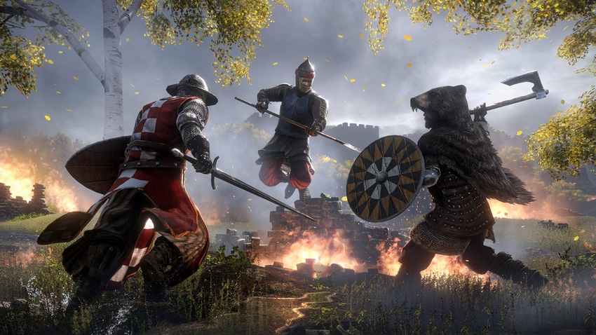 Three medieval soldiers fighting in key art for Black Eye Games' Gloria Victis.