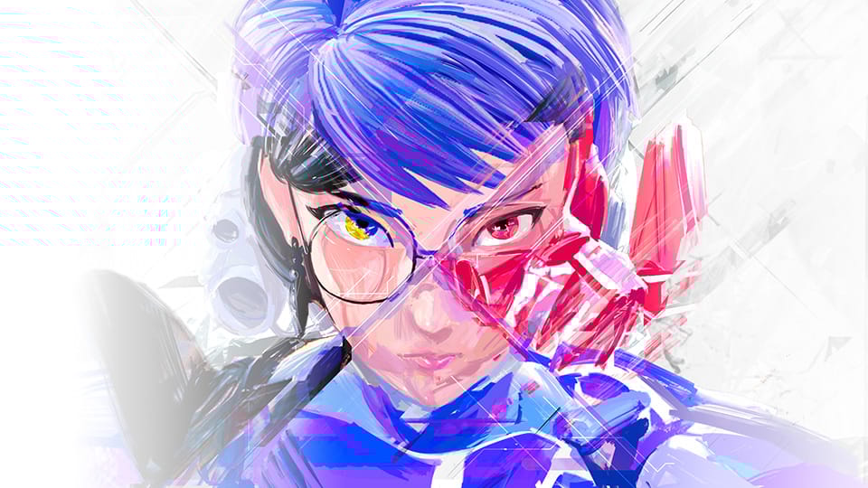 Key art for 1000x Resist. A young woman with blue hair and yellow/red eyes glares at the camera. Key art for 1000x Resist. A young woman with blue hair and yellow/red eyes glares at the camera.