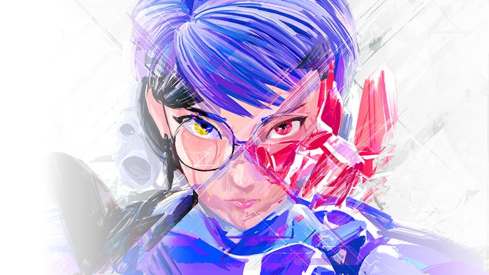 Key art for 1000x Resist. A young woman with blue hair and yellow/red eyes glares at the camera. Key art for 1000x Resist. A young woman with blue hair and yellow/red eyes glares at the camera.