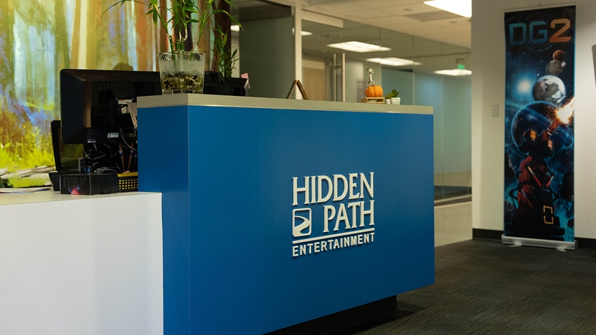 The reception desk at the Hidden Path office