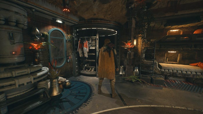 A screenshot from Star Wars Jedi: Survivor. The player character stands in front of a closet in an underground room.