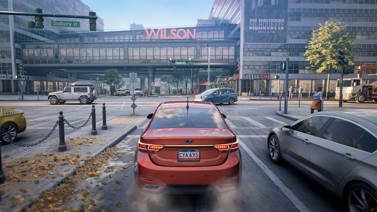 A screenshot from Rideshare 'Stimulator,' showing a red car approaching an intersection. A screenshot from Rideshare 'Stimulator,' showing a red car approaching an intersection.