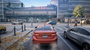 A screenshot from Rideshare 'Stimulator,' showing a red car approaching an intersection. A screenshot from Rideshare 'Stimulator,' showing a red car approaching an intersection.