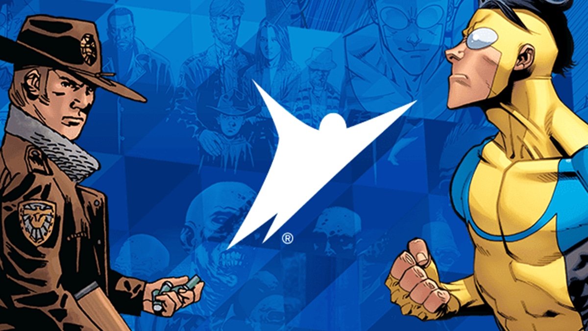 The Skybound logo flanked by characters from The Walking Dead and Invincible The Skybound logo flanked by characters from The Walking Dead and Invincible