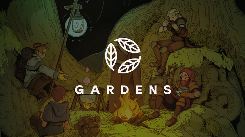 Artwork featuring the Gardens logo and fantasy characters gathered around a campfire