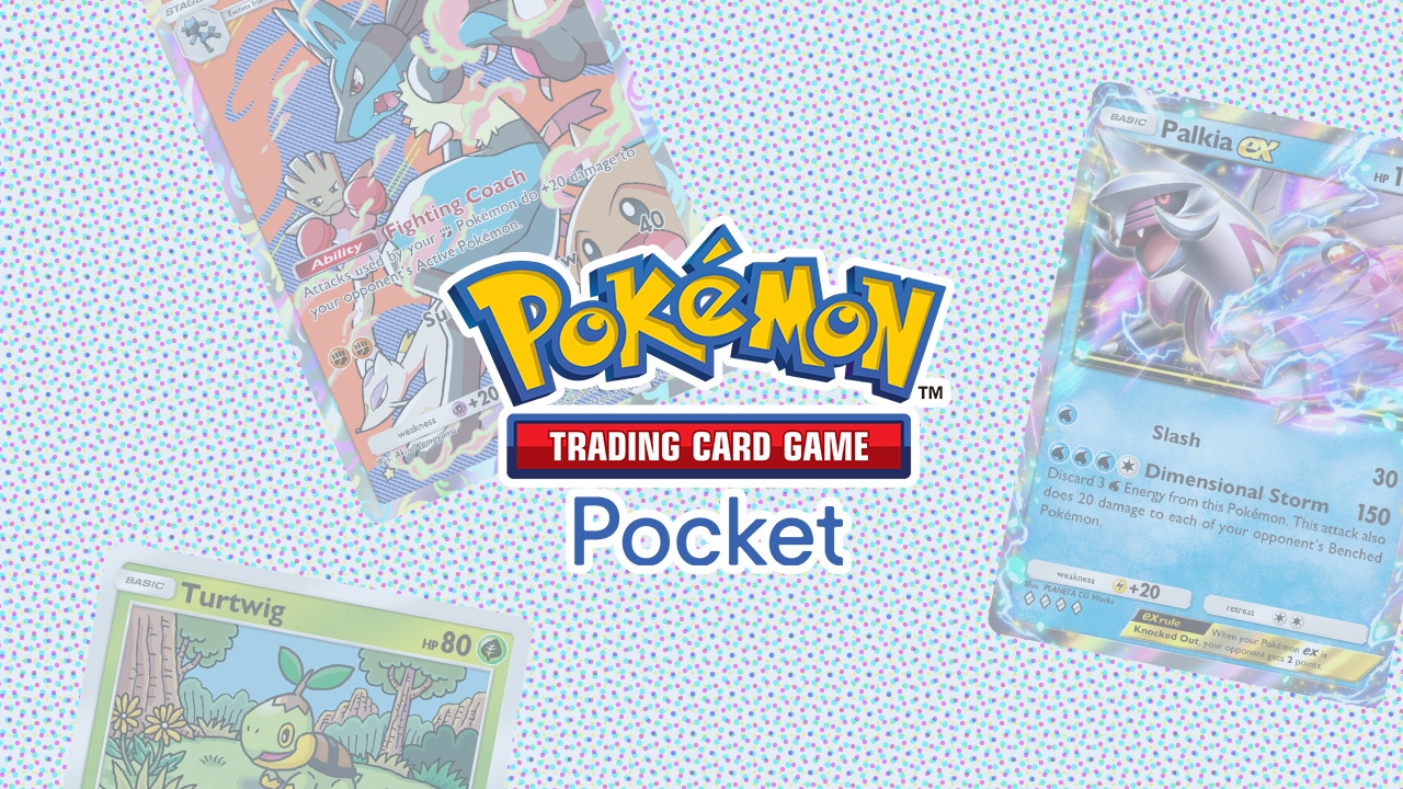 The Pokemon TCG Pocket logo overlaid on digital card artwork The Pokemon TCG Pocket logo overlaid on digital card artwork