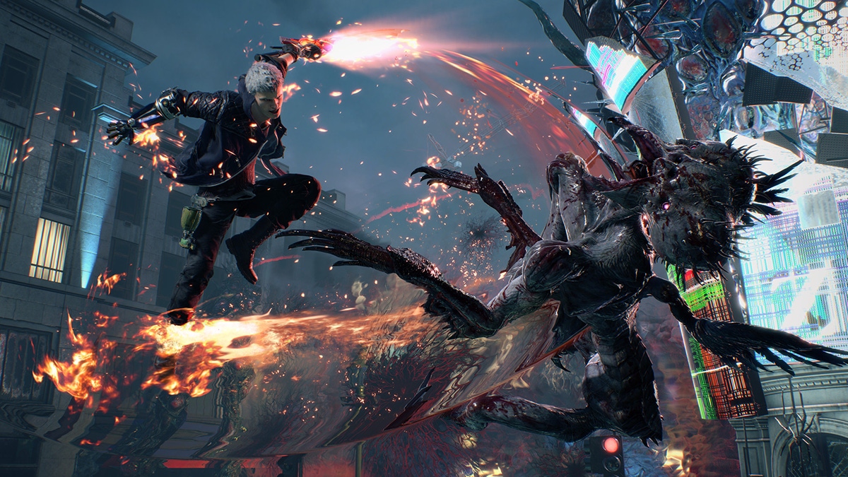 A battle taking place in Devil May Cry 5 A battle taking place in Devil May Cry 5