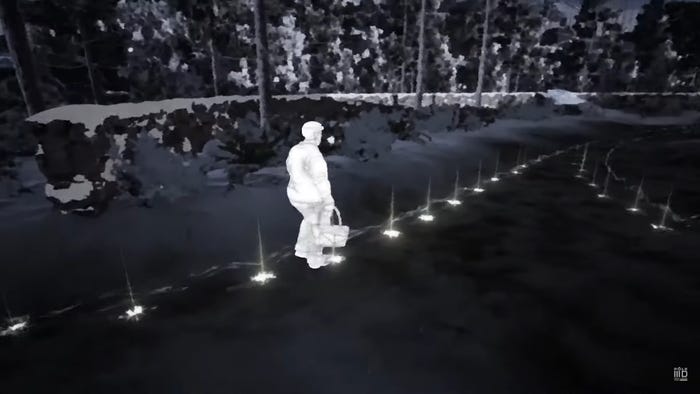 a character looks at glowing footprints in a winter scene