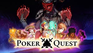 5 fantasy heroes stand behind the words Poker Quest. A, large sinister figure looms in the background hoding playing cards.