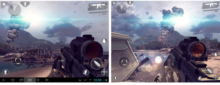 A popular FPS running on two very similar devices, but displaying different levels of effects on different operating systems