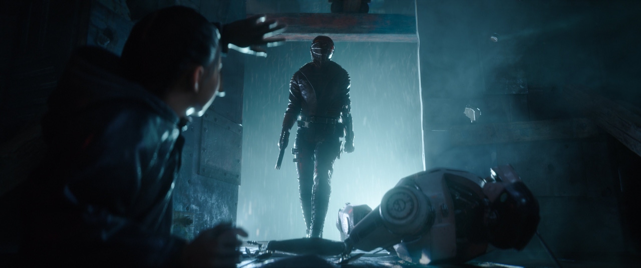 a backlit figure enters a dark room, with a character in the foreground a backlit figure enters a dark room, with a character in the foreground