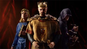 A king, queen, and assassin from Crusader Kings 3.