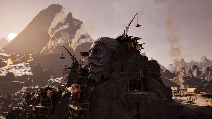 A construction site where workers build a giant rock sculpture depicting a bearded man in a fantasy world. A construction site where workers build a giant rock sculpture depicting a bearded man in a fantasy world.