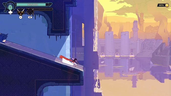A screenshot from The Rogue: Prince of Persia. The Prince slides down a ramp.