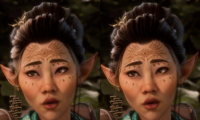 Left, Bellara rendered without Hero Shadows. Right, with Hero Shadows. Note the differences in fidelity of transmission on the left side of the character head. Left, Bellara rendered without Hero Shadows. Right, with Hero Shadows. Note the differences in fidelity of transmission on the left side of the character head.