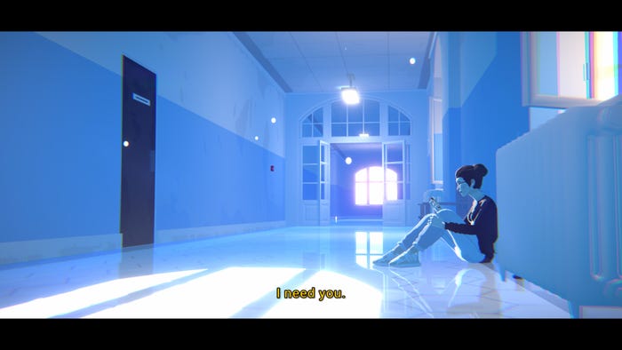 A female-presenting person sitting alone in a blue-tinted hallway