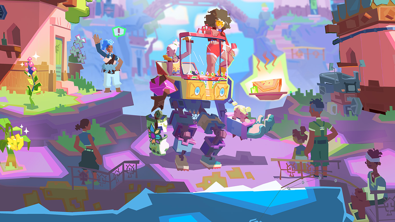 Key art from Project DOSA. The player character stands atop a mech in front of a colorful city.