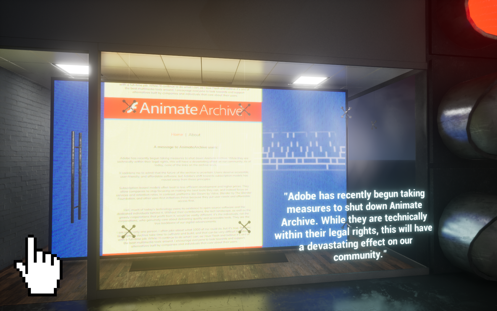 a large screen showing animate archive and a large mouse icon