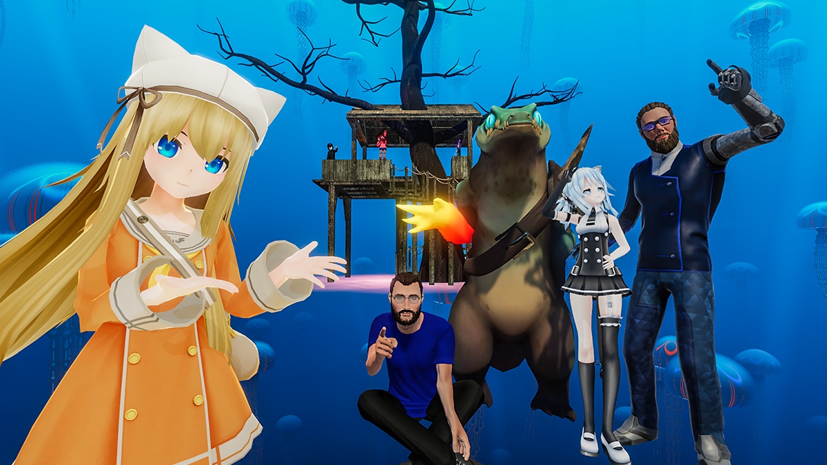 A group of characters interacting in VRChat A group of characters interacting in VRChat