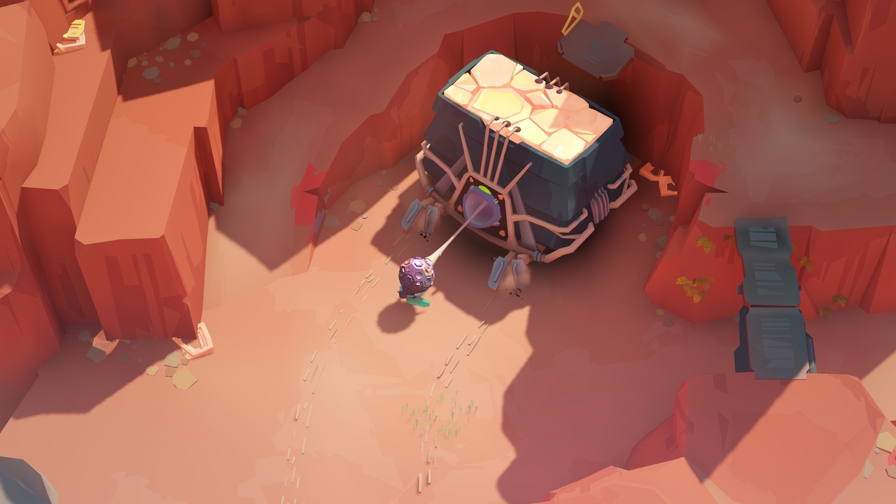 A screenshot from Cocoon. The player character (a bug) pulls on a door. A screenshot from Cocoon. The player character (a bug) pulls on a door.