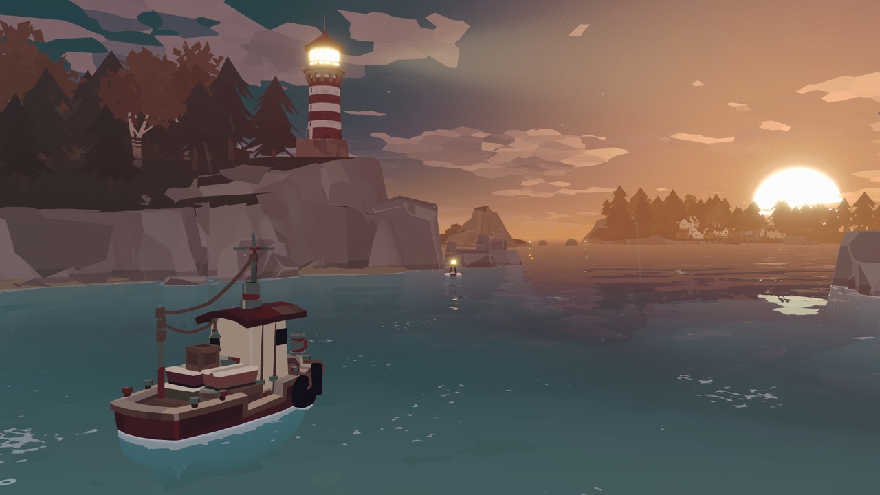 Dredge screen showing a small boat on a well lit ocean, with the sun on the horizon Dredge screen showing a small boat on a well lit ocean, with the sun on the horizon