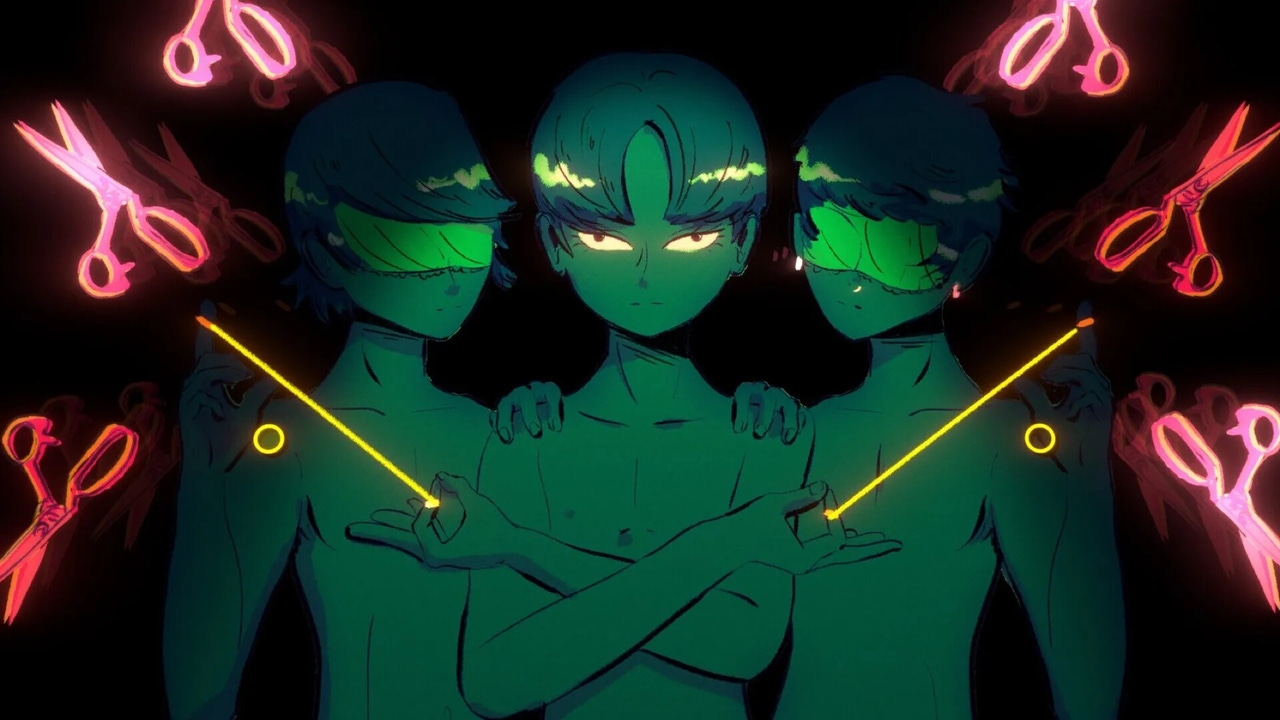 Three topless male-presenting people stand together, hands on shoulders. Images of scissors surround them. Three topless male-presenting people stand together, hands on shoulders. Images of scissors surround them.