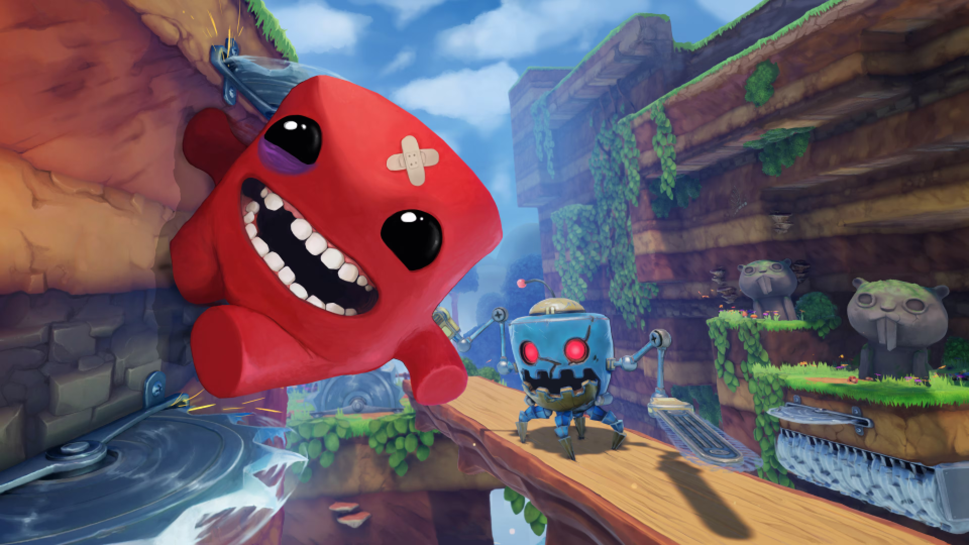 Key art of Super Meat Boy 3D, featuring the titular meaty character wallrunning away from an enemy
