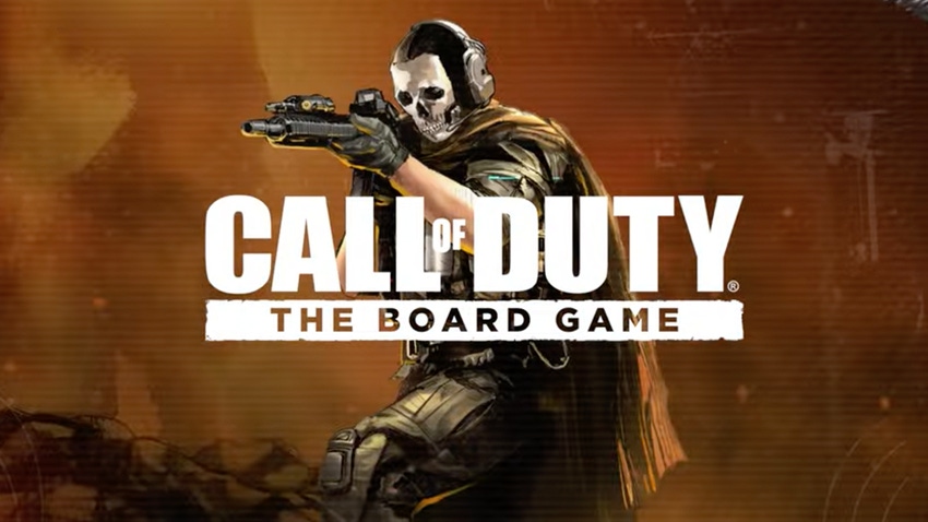 The logo for Call of Duty: The Board Game overlaid on a stylised image of a solider