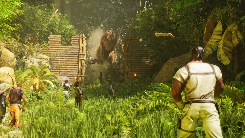 A dinosaur raiding a camp in Ark: Survival Ascended