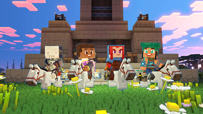 A close-up of four Minecraft Legends characters, depicting the block-y, 3D pixelized visual style.