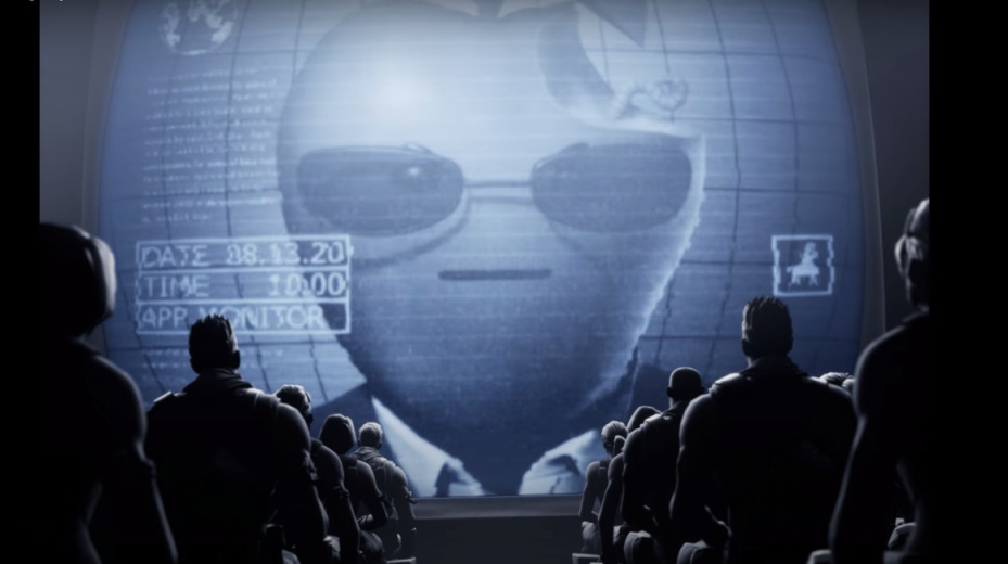 A screenshot from Epic's black & white 1980-Fortnite video showing a stlyized character with an apple for head on a stage. A screenshot from Epic's black & white 1980-Fortnite video showing a stlyized character with an apple for head on a stage.