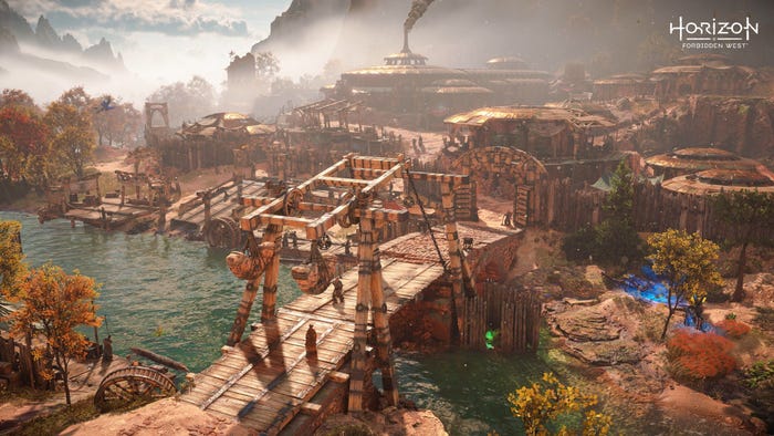 A screenshot of a settlement in Horizon Forbidden West