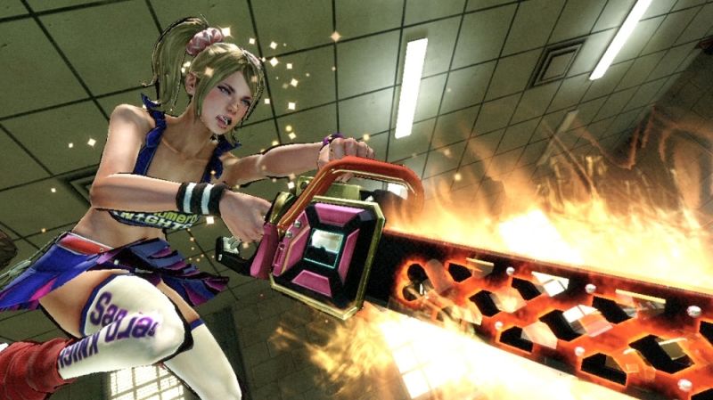 A screenshot from Lollipop Chainsaw. The player character wields a flaming chainsaw. A screenshot from Lollipop Chainsaw. The player character wields a flaming chainsaw.