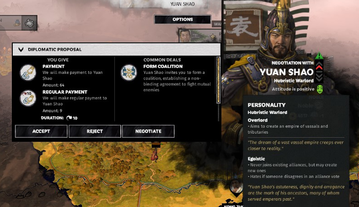 The Diplomacy system from Total War, showing a proposed trade agreement and the personality of the warlord the agreement is with.
