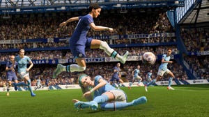 A screenshot of FIFA 23 showing a woman soccer player vaulting over a kick from the opposing team A screenshot of FIFA 23 showing a woman soccer player vaulting over a kick from the opposing team