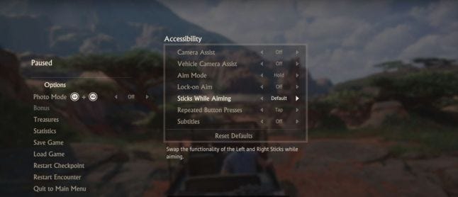 Uncharted 4's accessibility menu