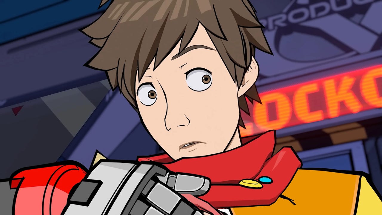 The protagonist of Hi-Fi Rush has a distressed look on his face The protagonist of Hi-Fi Rush has a distressed look on his face