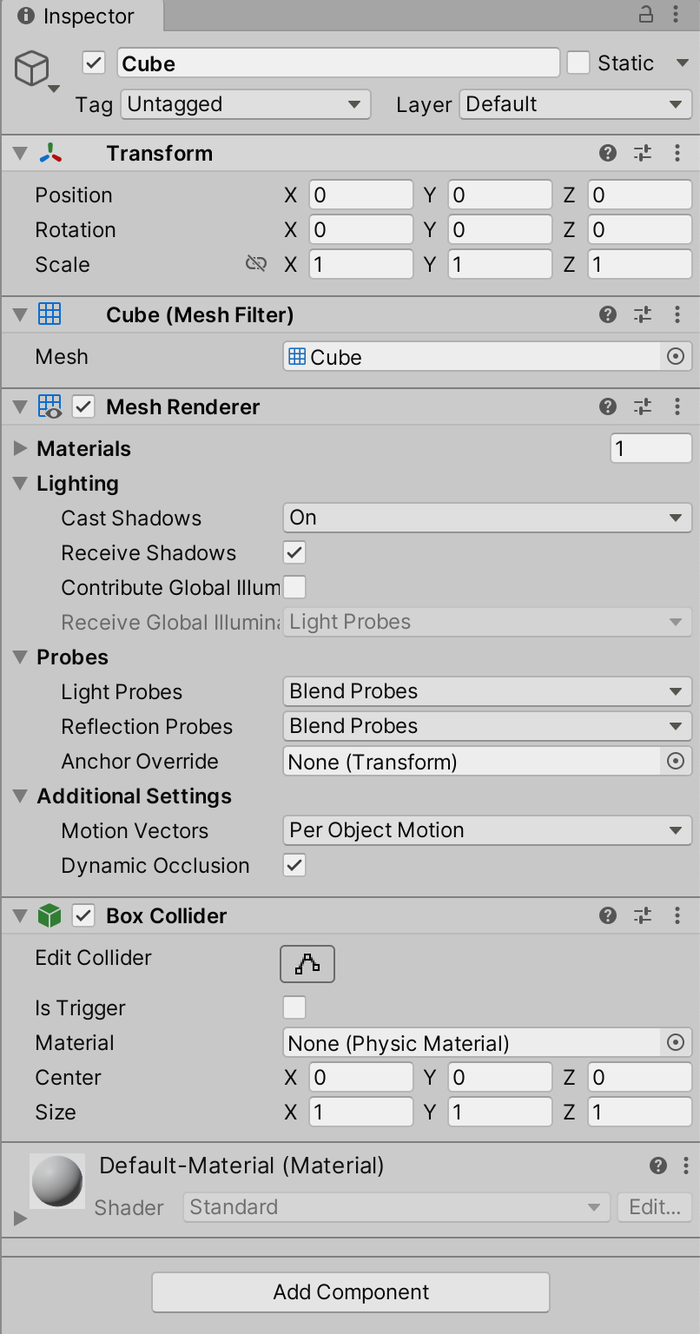 The Components and related properties of the 3D Cube GameObject