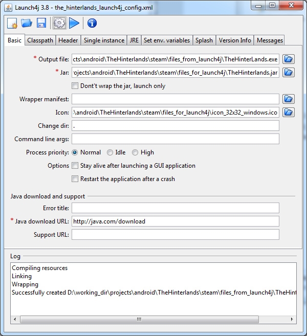 Launch4j screen shot basic options